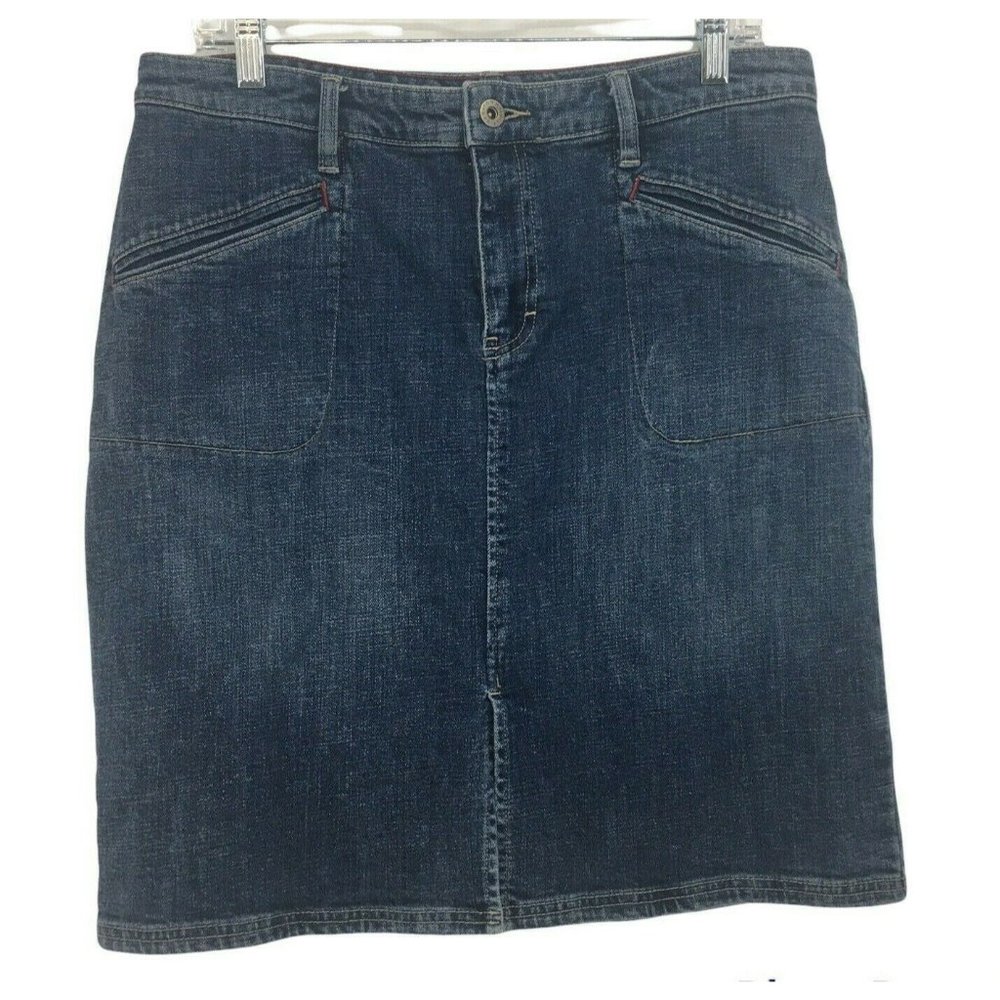Tommy Hilfiger Jeans Blue Denim Med Wash Knee Length Pencil Skirt Slit Logo Sz 8